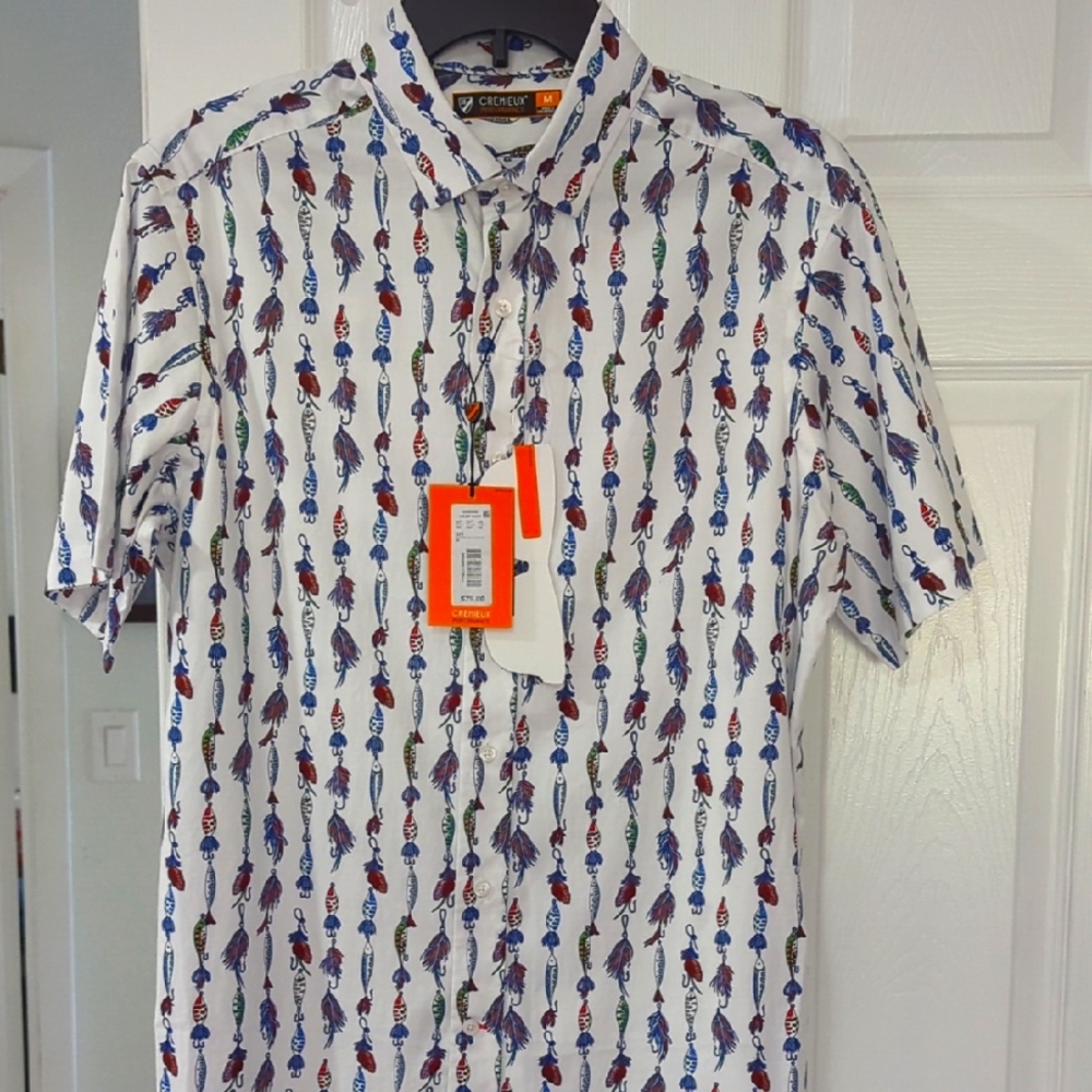 NWT CREMIEUX PERFORMANCE "FISHING LURE" DESIGNSHORT SLEEVE BUTTON DOWN SHIRT (M)